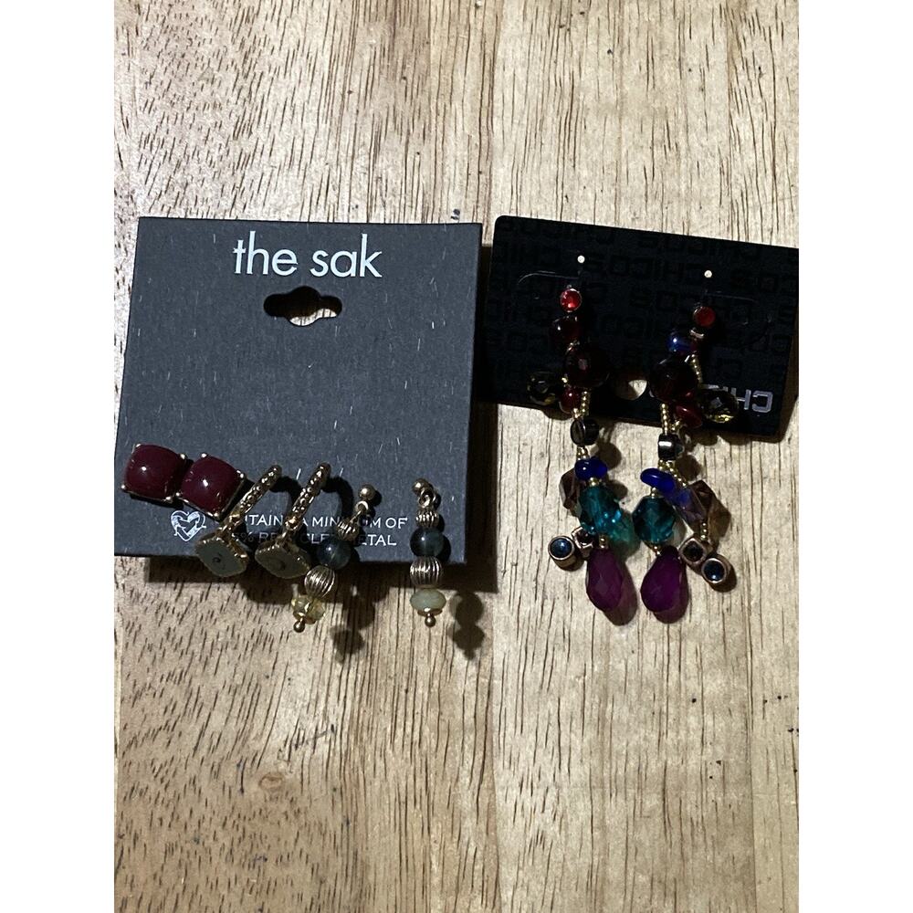 Chico's THE SAK Colorful Dangle Earrings Purple Blue Gold Set Of 2 NEW!